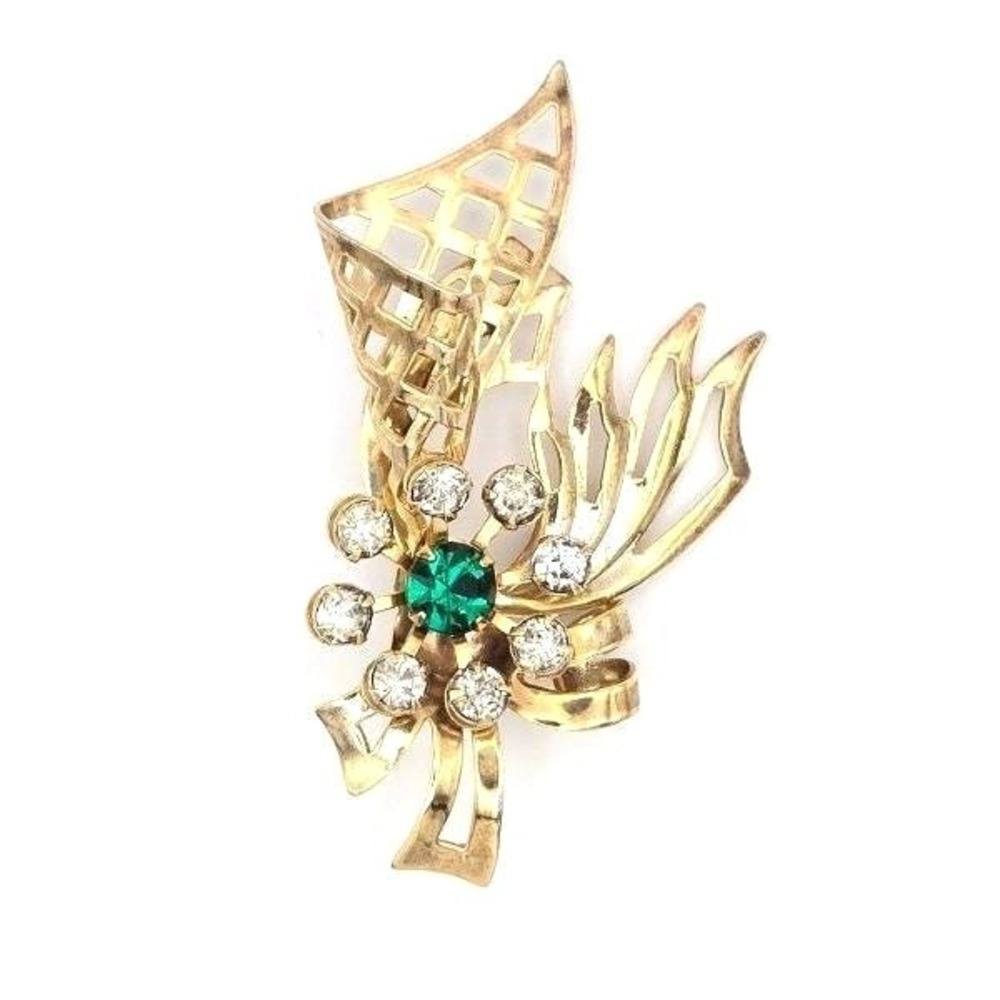 Vintage Gold Tone Brooch Pin Green Rhinestone Crystal Flower Bow Filigree